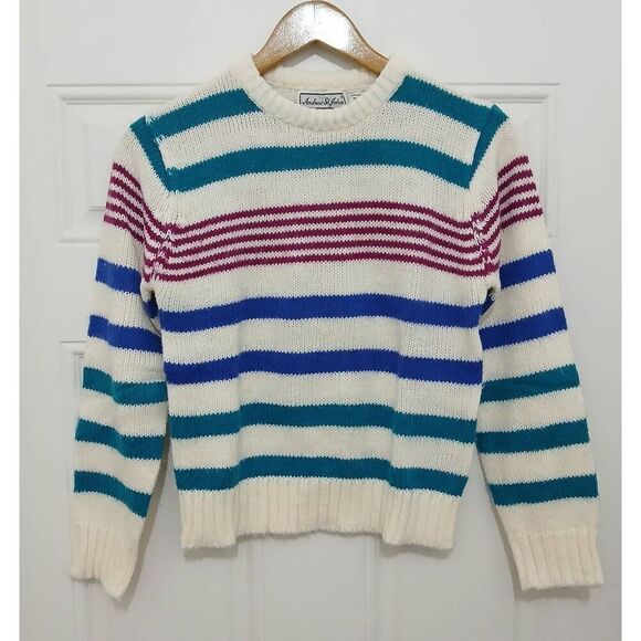 Vintage Andrew st john womens small blue green stipe crewneck sweater - Picture 1 of 5